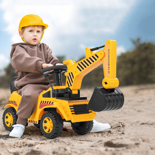 Kids Ride On Excavator, Adjustable Shovel, Yellow Push & Pedal Ride On Toys Yellow at Gallery Canada