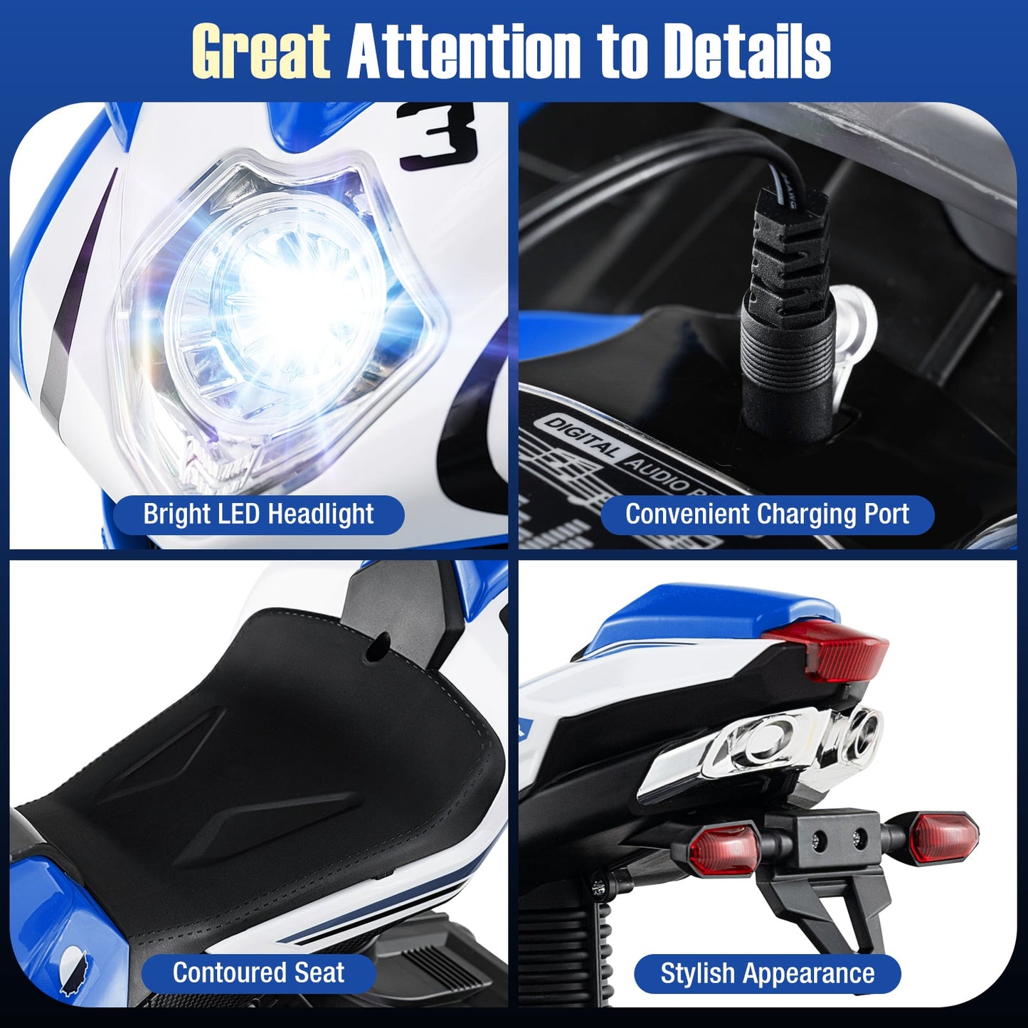 Moto pour Enfants à Monter, Alimentée par Batterie 6V, Lumières LED, Bleu Marine
