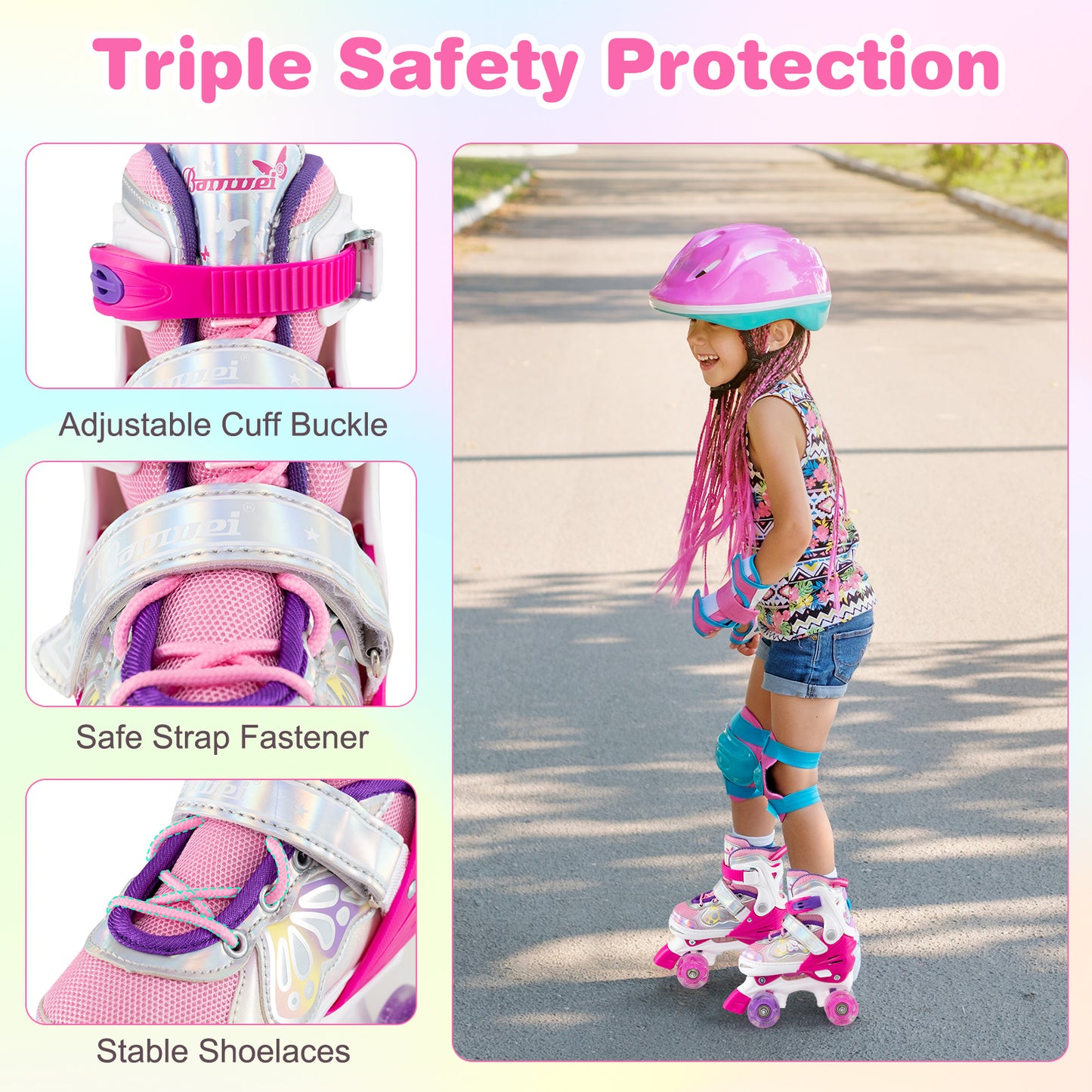 Kids Roller Skates 4 Sizes Adjustable Quad Skates with Light-up Wheels and Safety Protection, Rose Red Toy Sports at Gallery Canada