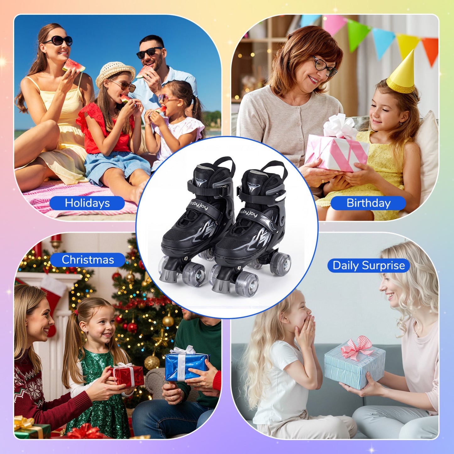 Kids Adjustable Quad Roller Skates, 4 Sizes, Light-Up Wheels, Black Toy Sports at Gallery Canada