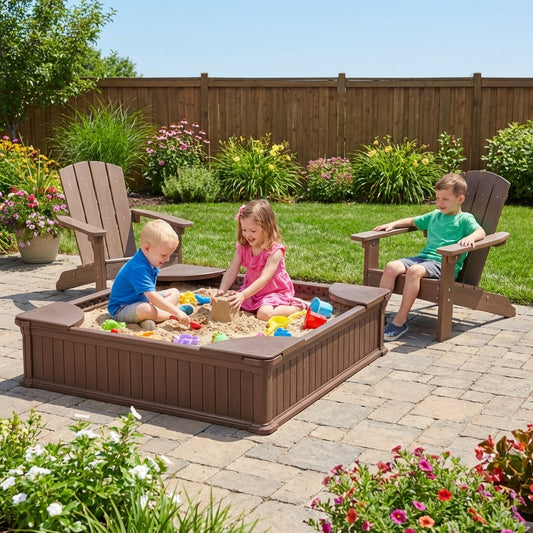 Kids Sandbox With Cover, Seats, 2 Adirondack Chairs, Brown Toddler & Kids Furniture Brown at Gallery Canada