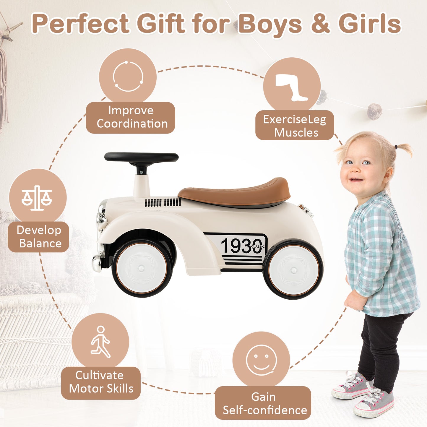Kids Sit To Stand Vehicle, With Steering Wheel And Storage, White Push & Pedal Ride On Toys at Gallery Canada