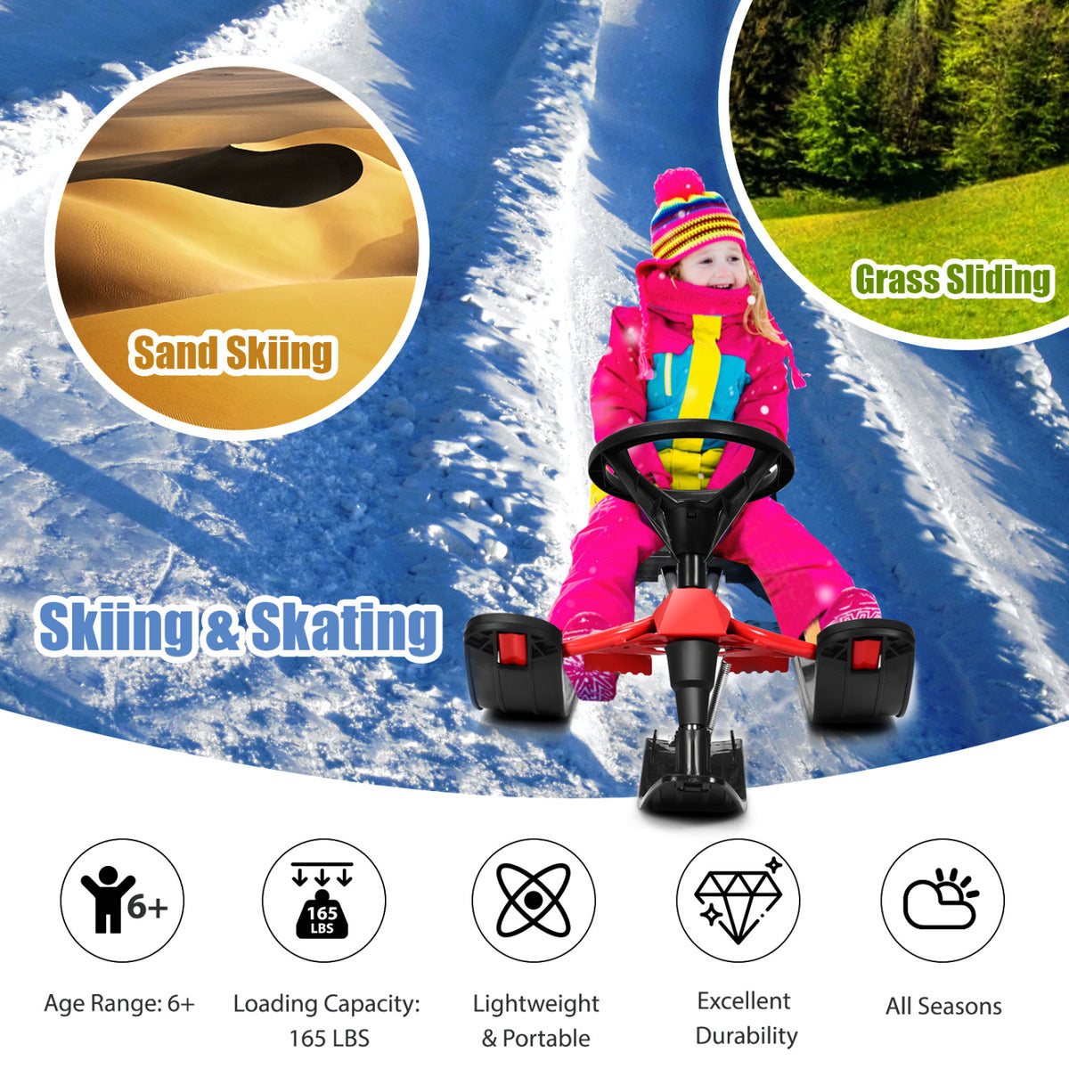 Kids Snow Sled With Steering Wheel, Double Brakes, Pull Rope, Red Winter Sports & Activities at Gallery Canada