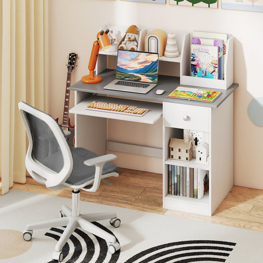 Kids Study Desk Children Writing Table with Hutch Drawer Shelves and Keyboard Tray, Light Gray Kids Table & Chair Sets Light Gray at Gallery Canada