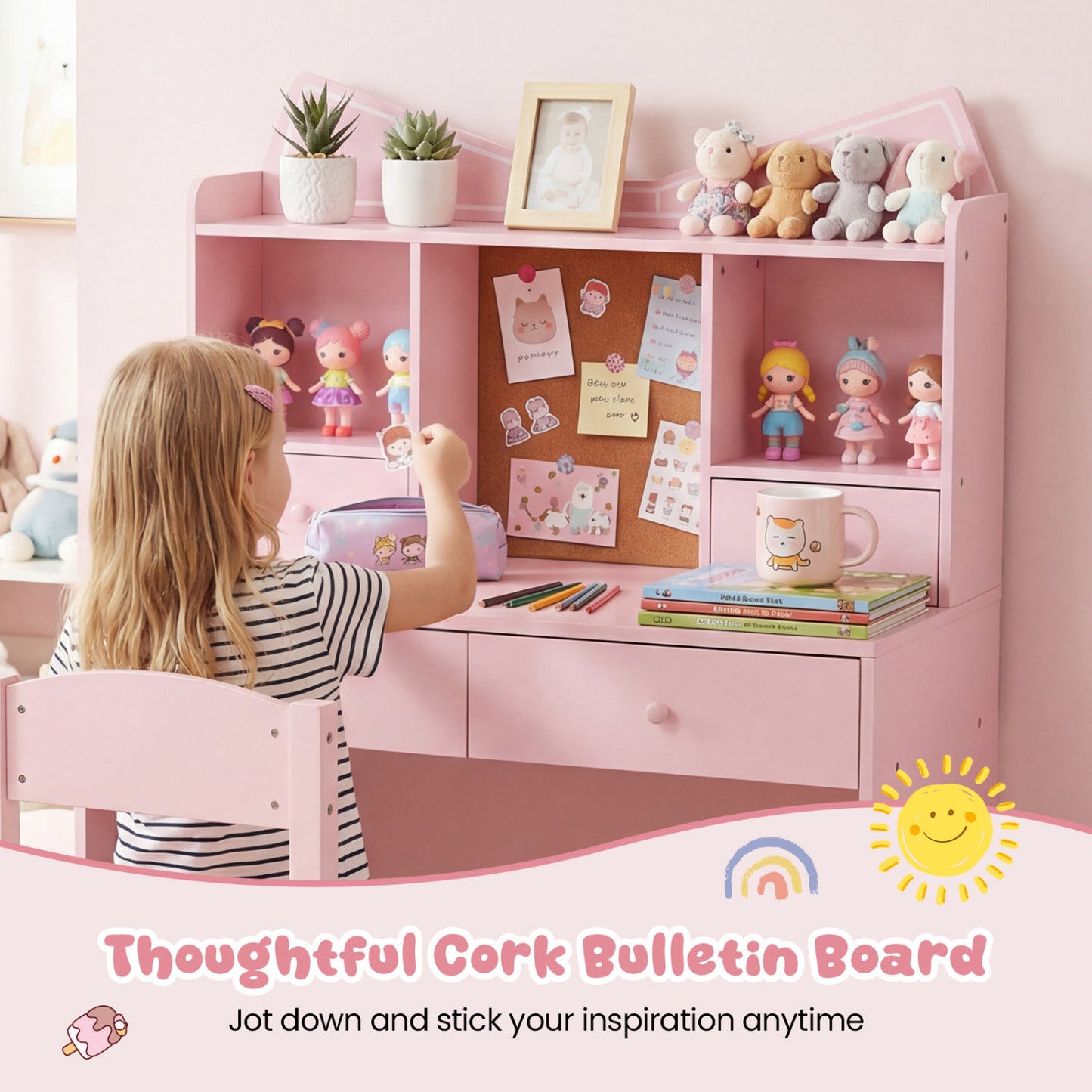 Kids Study Desk And Chair Set, With Open Shelves And Cork Board, Pink Kids Table & Chair Sets at Gallery Canada