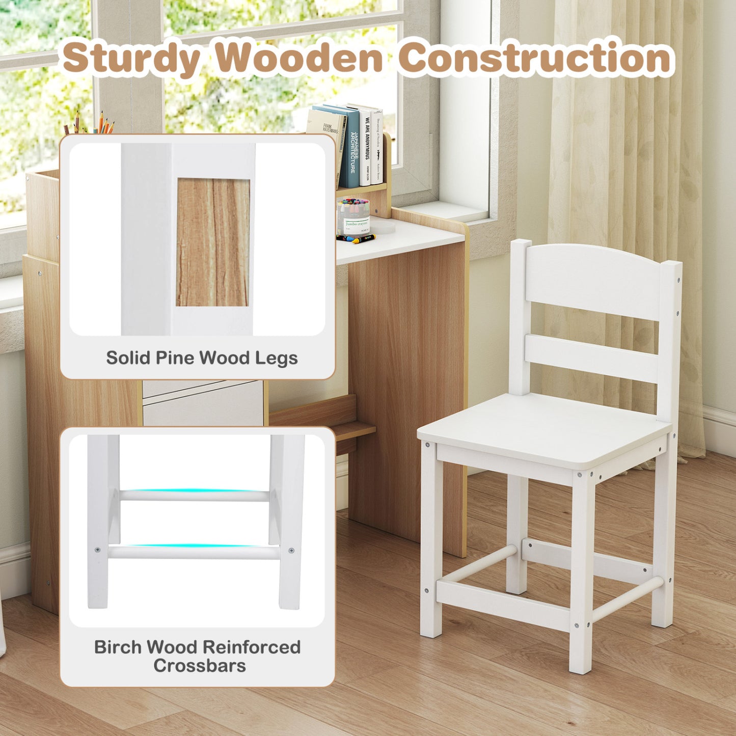 Kids Study Desk And Chair Set, Wooden, With Hutch And Storage Shelf, Natural Kids Table & Chair Sets at Gallery Canada
