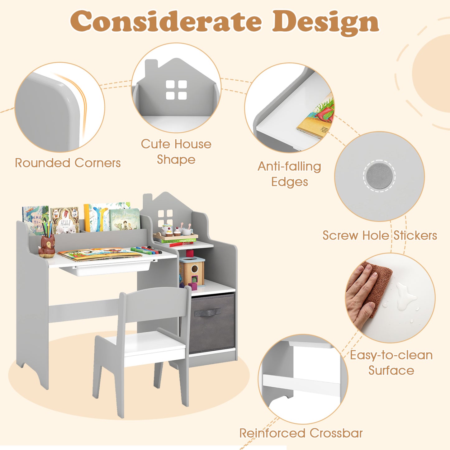 Kids Study Desk Chair Set With Open Shelves, Gray Kids Table & Chair Sets at Gallery Canada