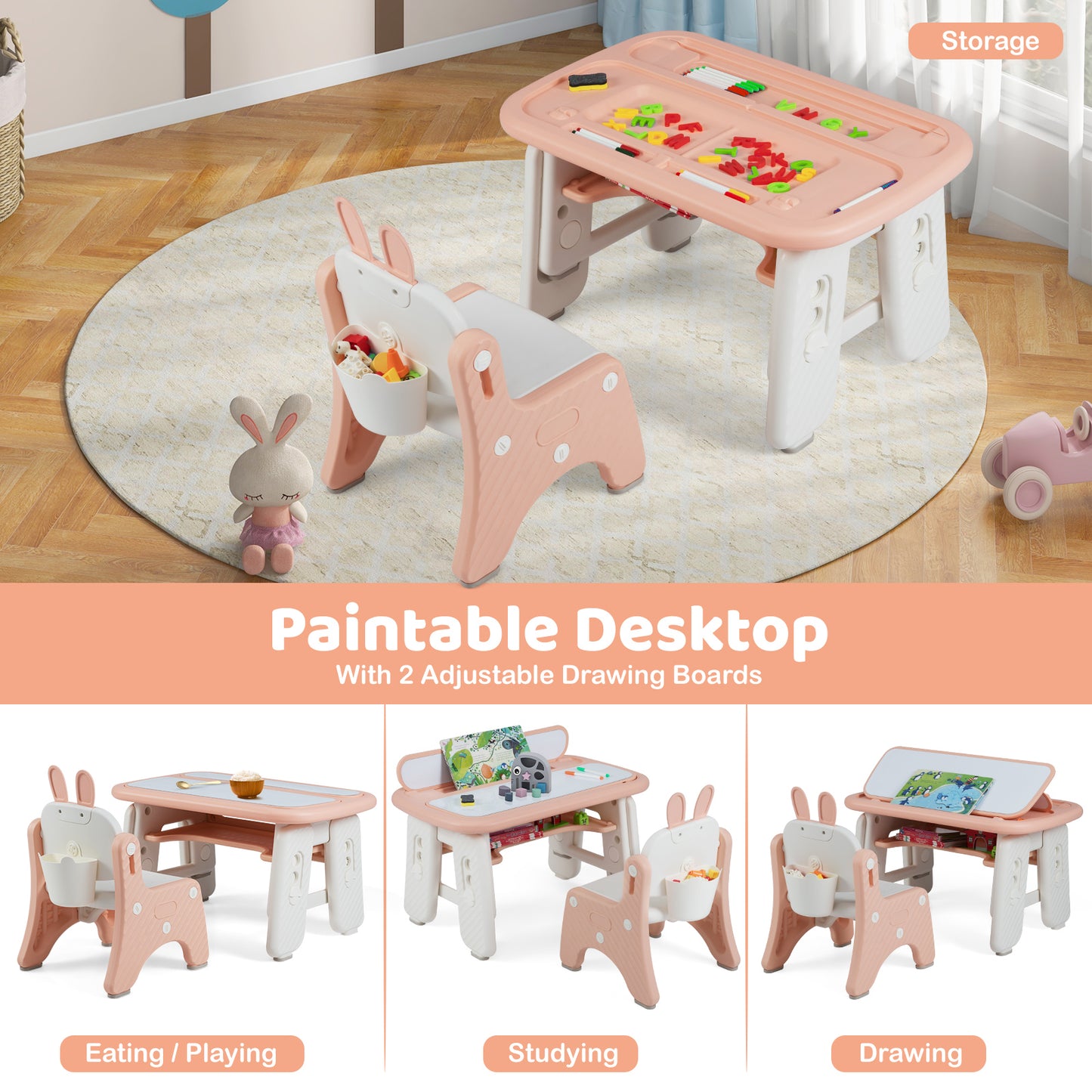 Kids Table and Chair Set with Flip-Top Bookshelf, Pink Kids Table & Chair Sets at Gallery Canada