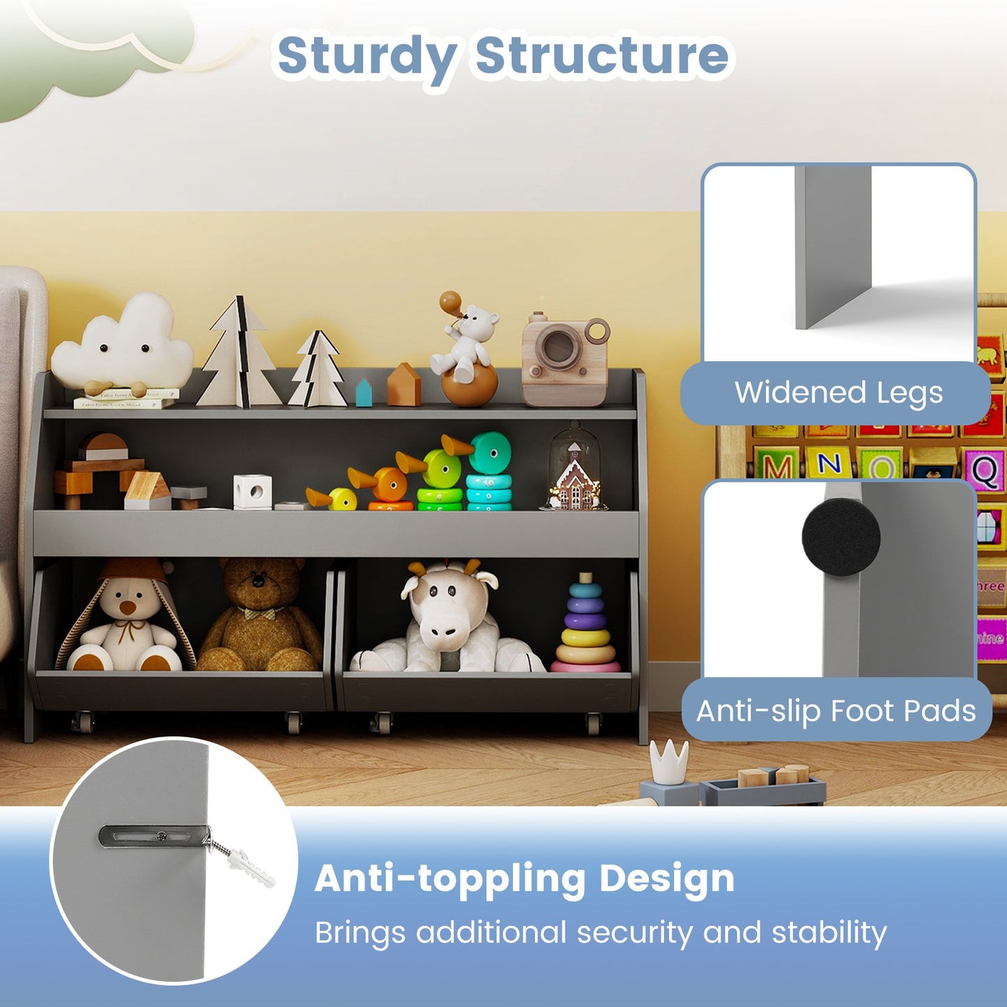 Kids Toy Storage Organizer Wooden Bookcase with 2 Movable Drawers, Gray Kids Storage at Gallery Canada