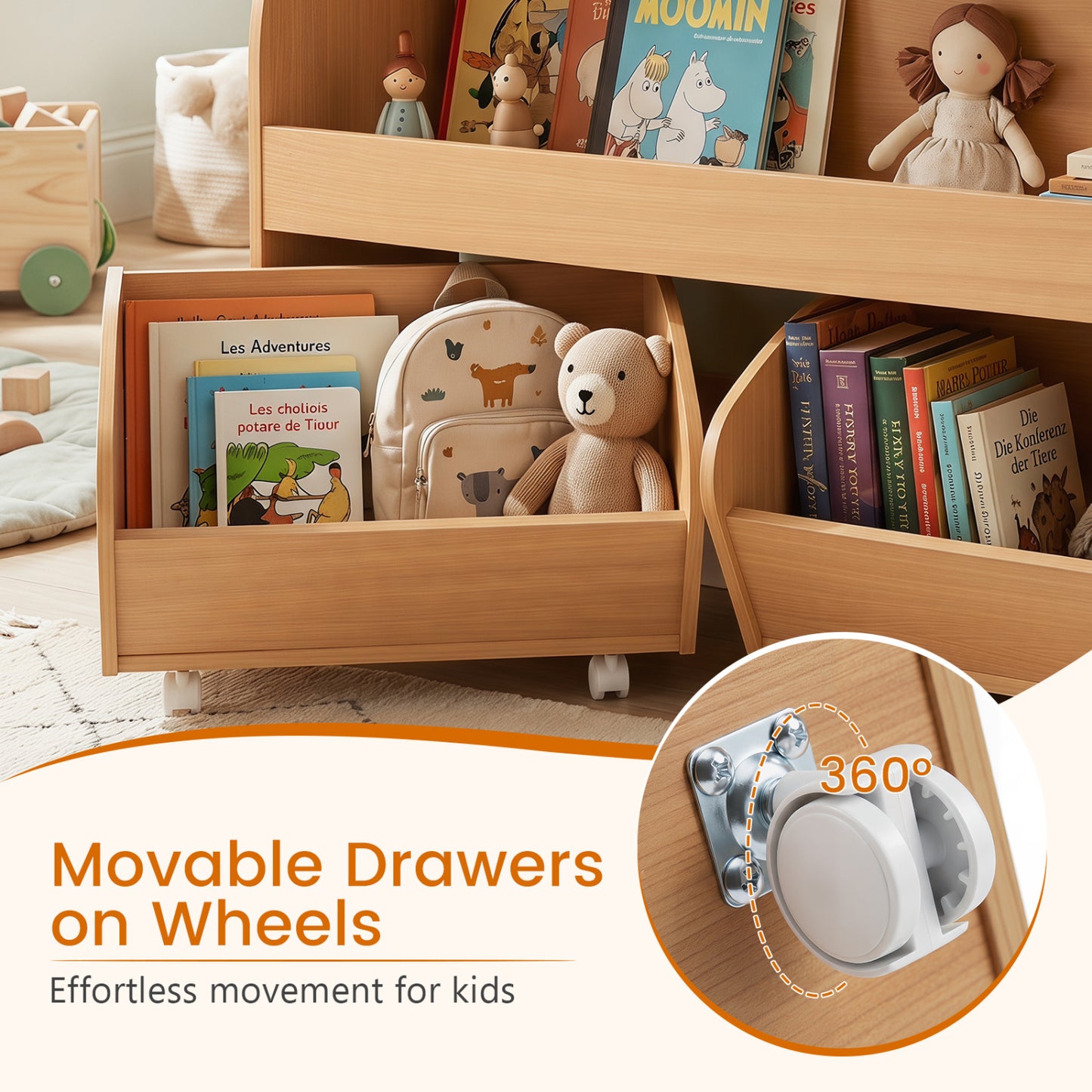 Kids Toy Storage Organizer, 2 Rolling Drawers, 3-Tier Bookshelf, Natural