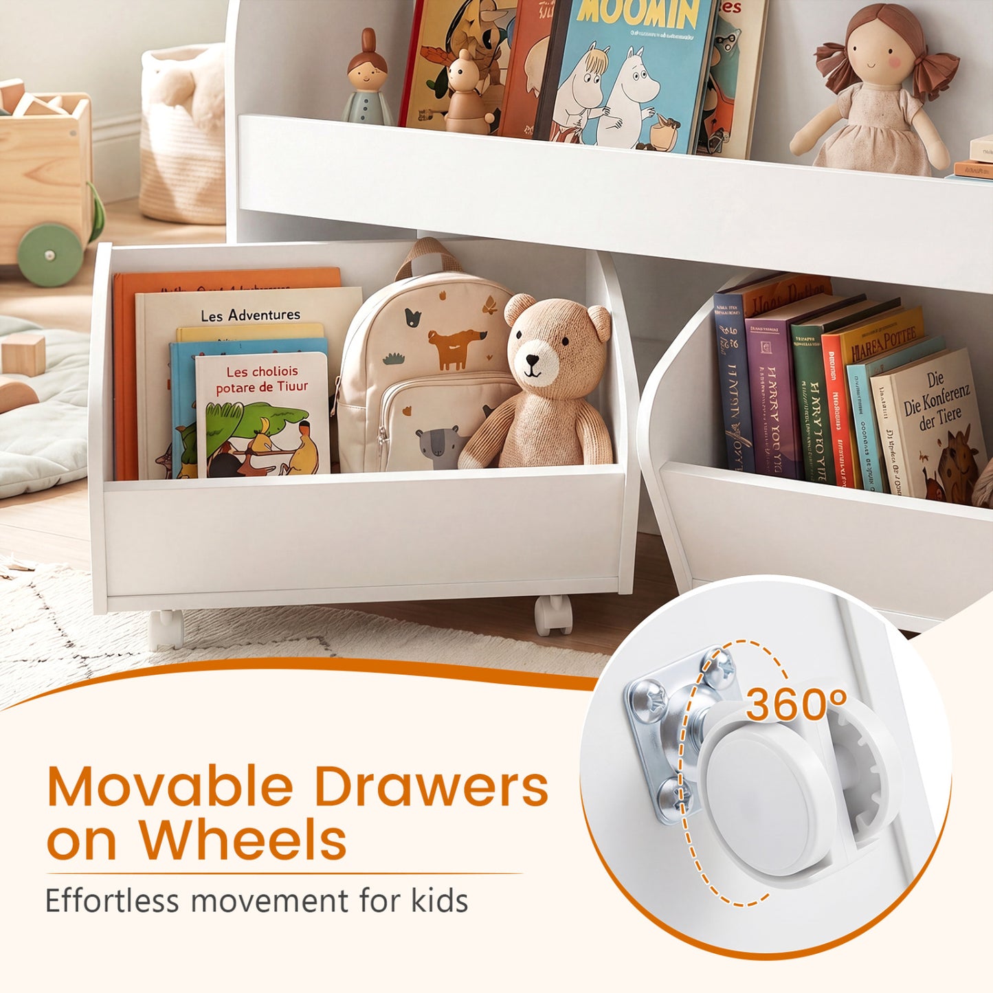 Kids Toy Storage Organizer, 2 Rolling Drawers, 3-Tier Bookshelf, White