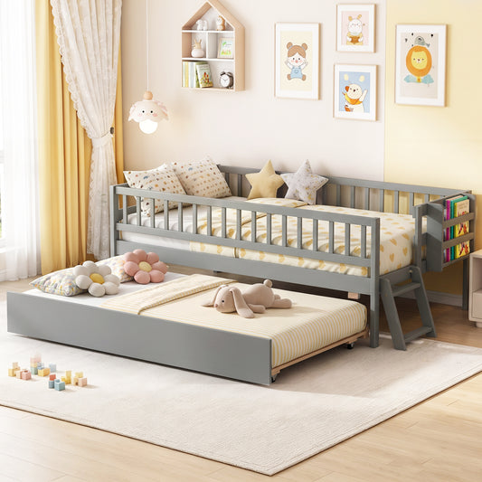 Twin Size Bed with Trundle, Bookshelf, Ladder, 15 Plywood Slats, Gray Toddler Beds Gray at Gallery Canada