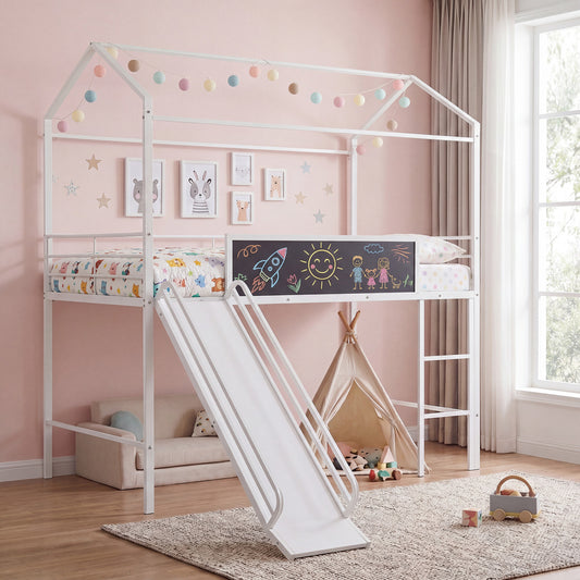 Kids Twin Size Loft Bed with Ladder and Slide, White Toddler Beds White at Gallery Canada