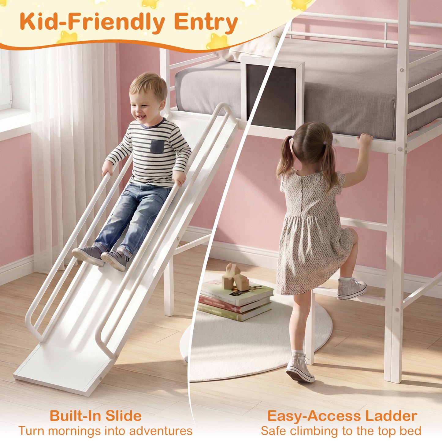 Kids Twin Size Loft Bed with Ladder and Slide, White Toddler Beds at Gallery Canada