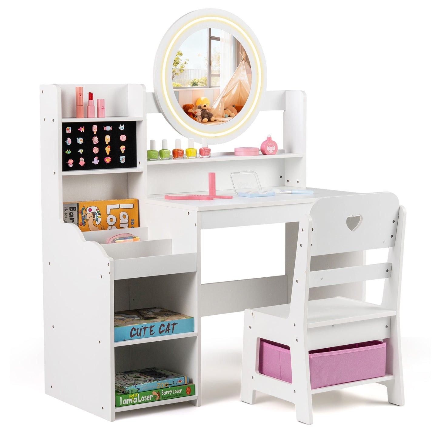 Kids Vanity Desk with Mirror and Lights Princess Pretend Play Dressing Table and Chair Set, White Kids Vanities White at Gallery Canada