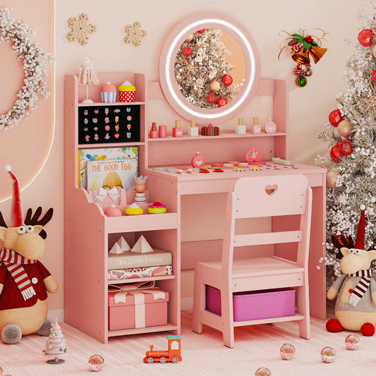 Kids Vanity Desk with Mirror and Lights Princess Pretend Play Dressing Table and Chair Set, Pink