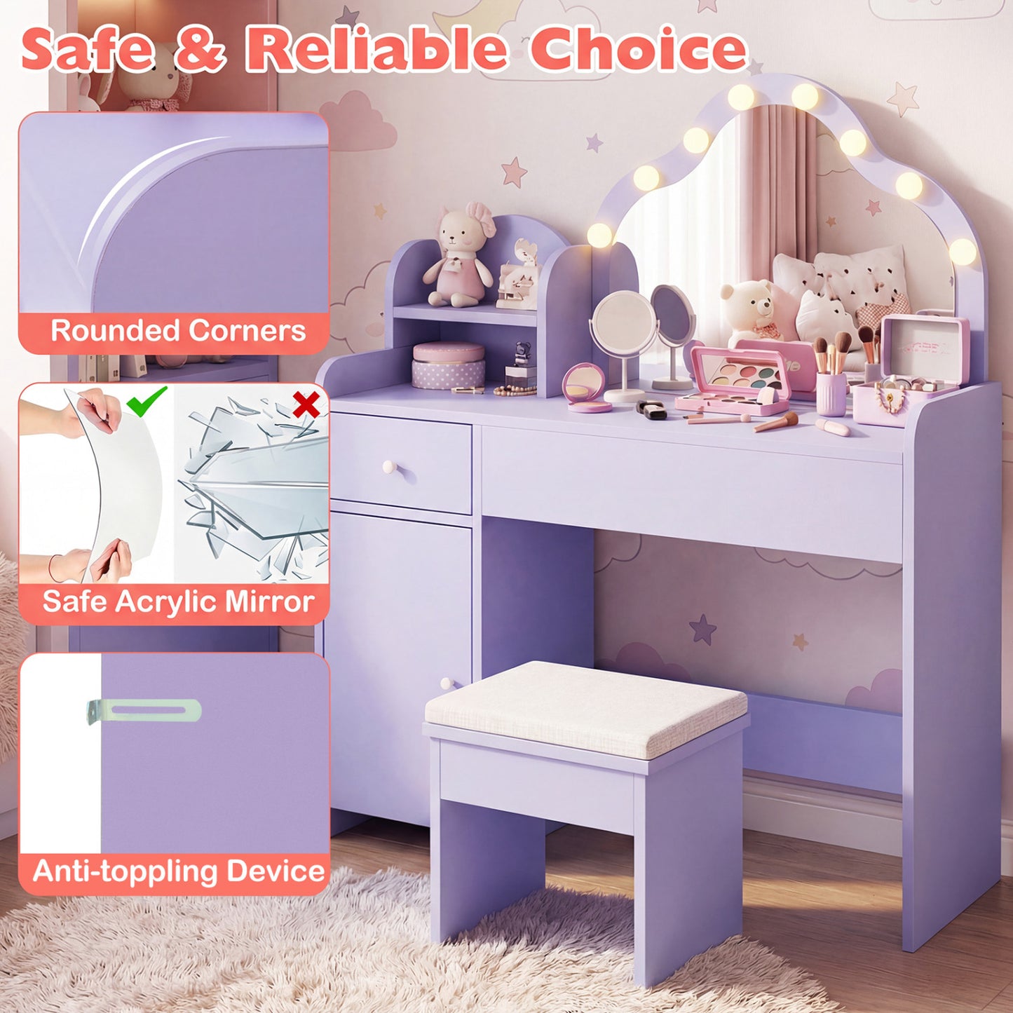 Kids Vanity Desk With Mirror And Lights, Purple Kids Vanities at Gallery Canada