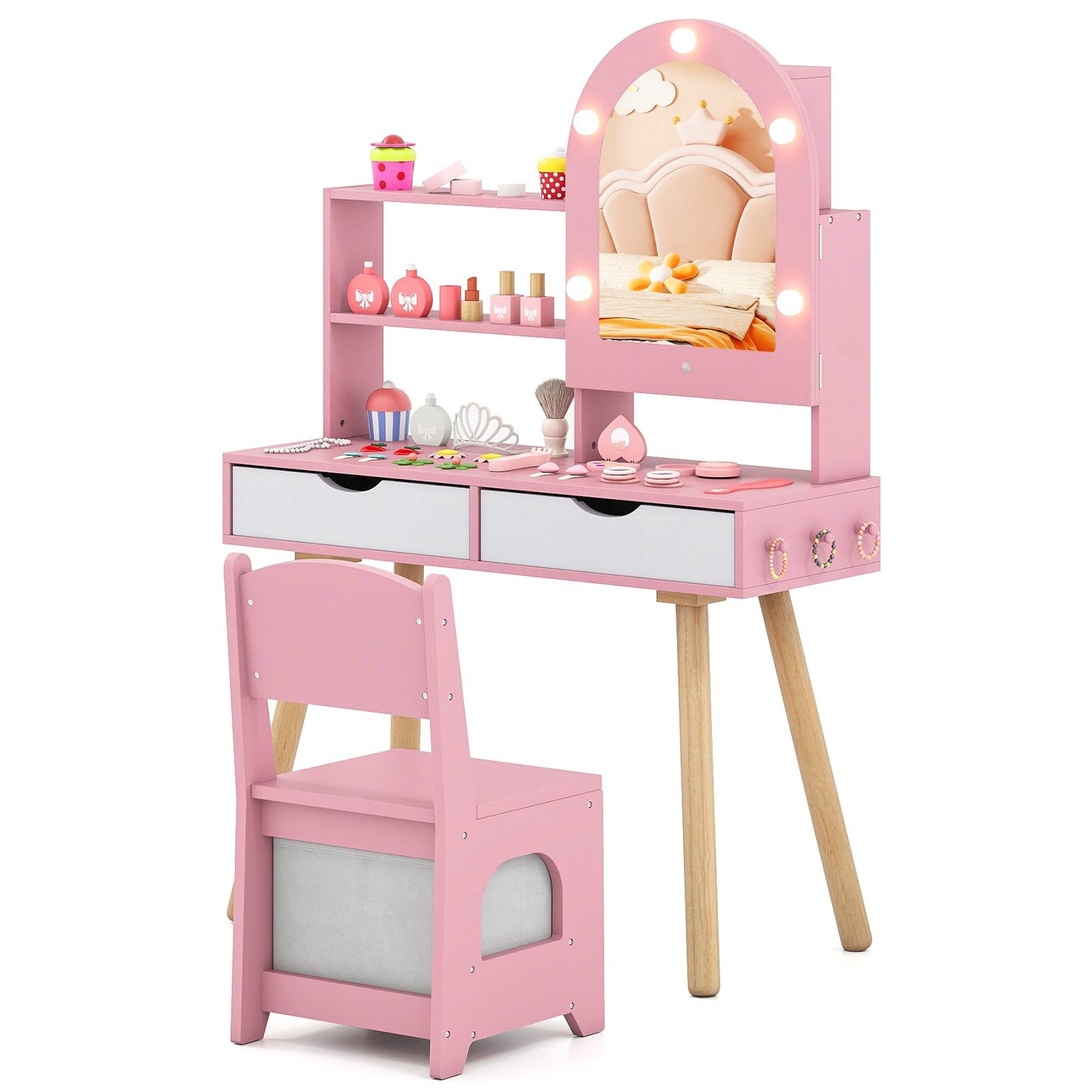 Kids Vanity Set Pretend Play Dressing Table Set with 3-Color Lighting Modes Adjustable Brightness and Mirror Cabinet, Pink Kids Vanities Pink at Gallery Canada
