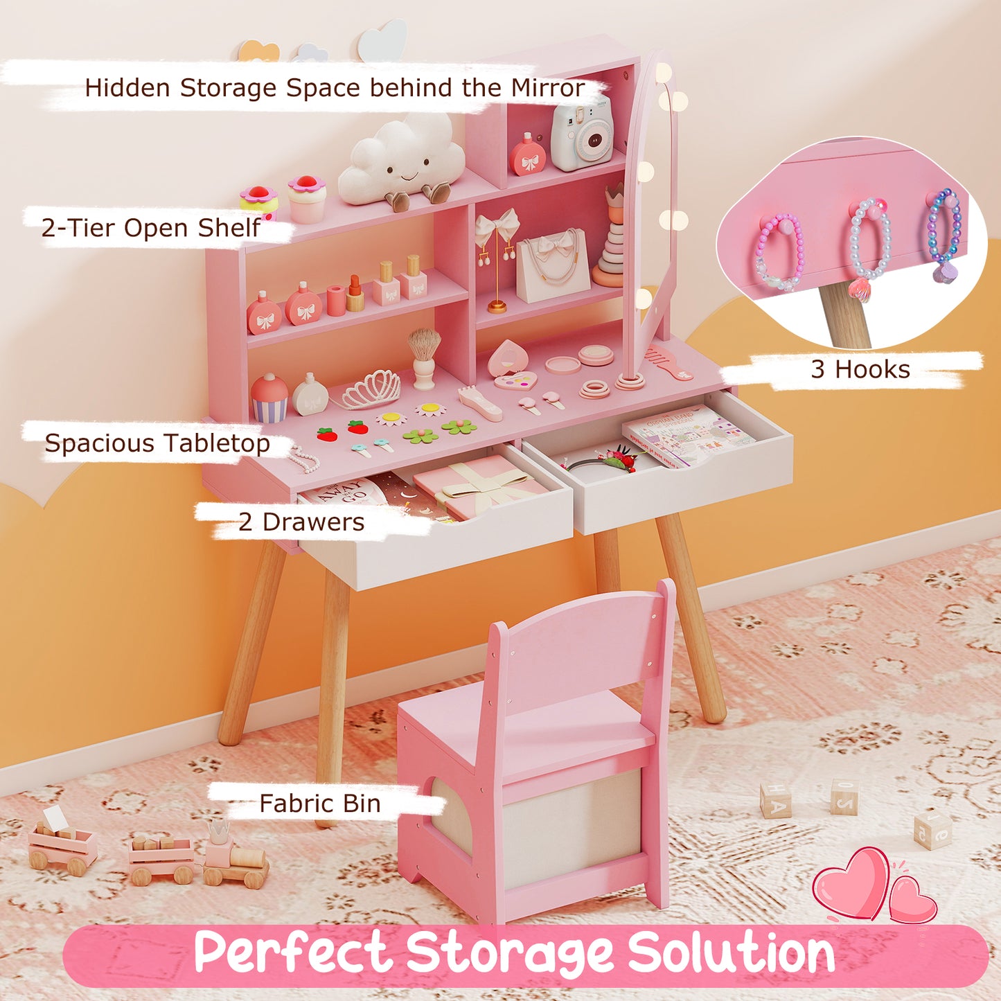 Kids Vanity Set With 3-Color Lighting, Adjustable Brightness, Pink Kids Vanities at Gallery Canada