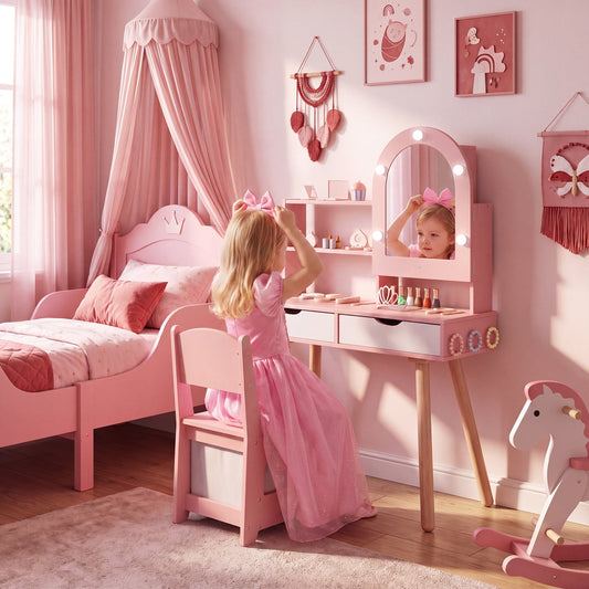 Kids Vanity Set Pretend Play Dressing Table, Mirror, Pink Kids Vanities Pink at Gallery Canada