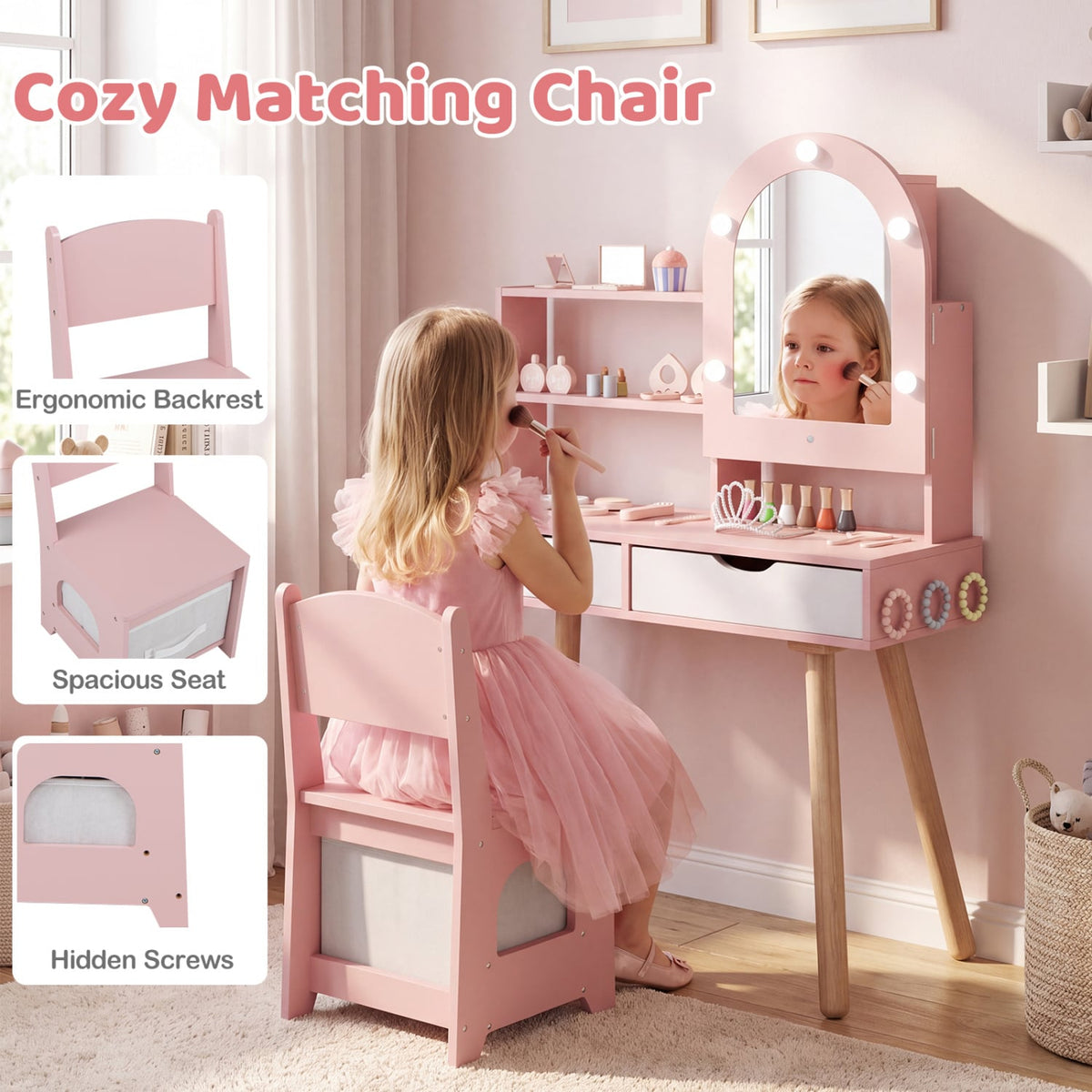 Kids Vanity Set Pretend Play Dressing Table, Mirror, Pink Kids Vanities at Gallery Canada