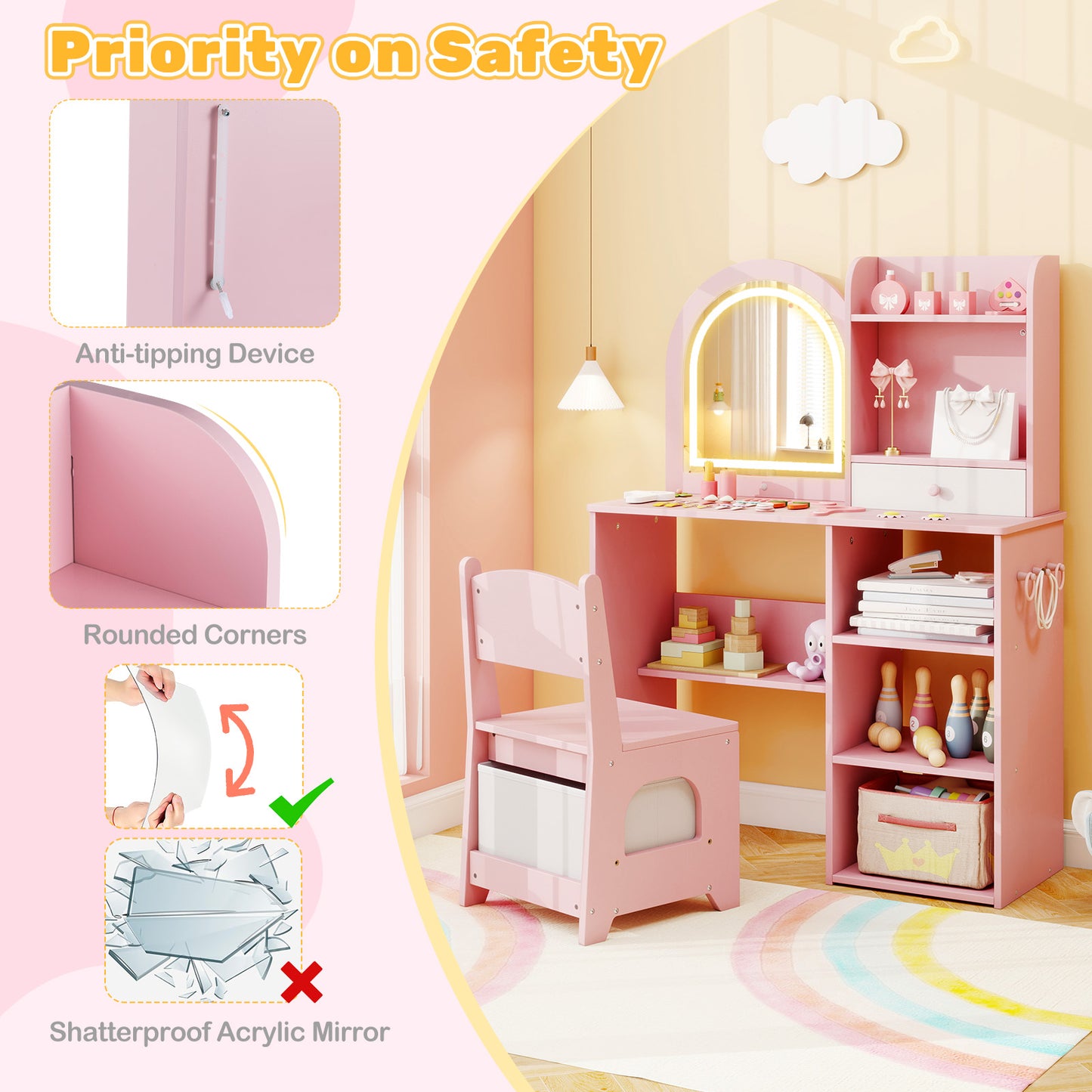 Kids Vanity Set Princess Girls Makeup Vanity Desk with Chair and 3-Color LED Lighted Mirror, Pink Kids Vanities at Gallery Canada