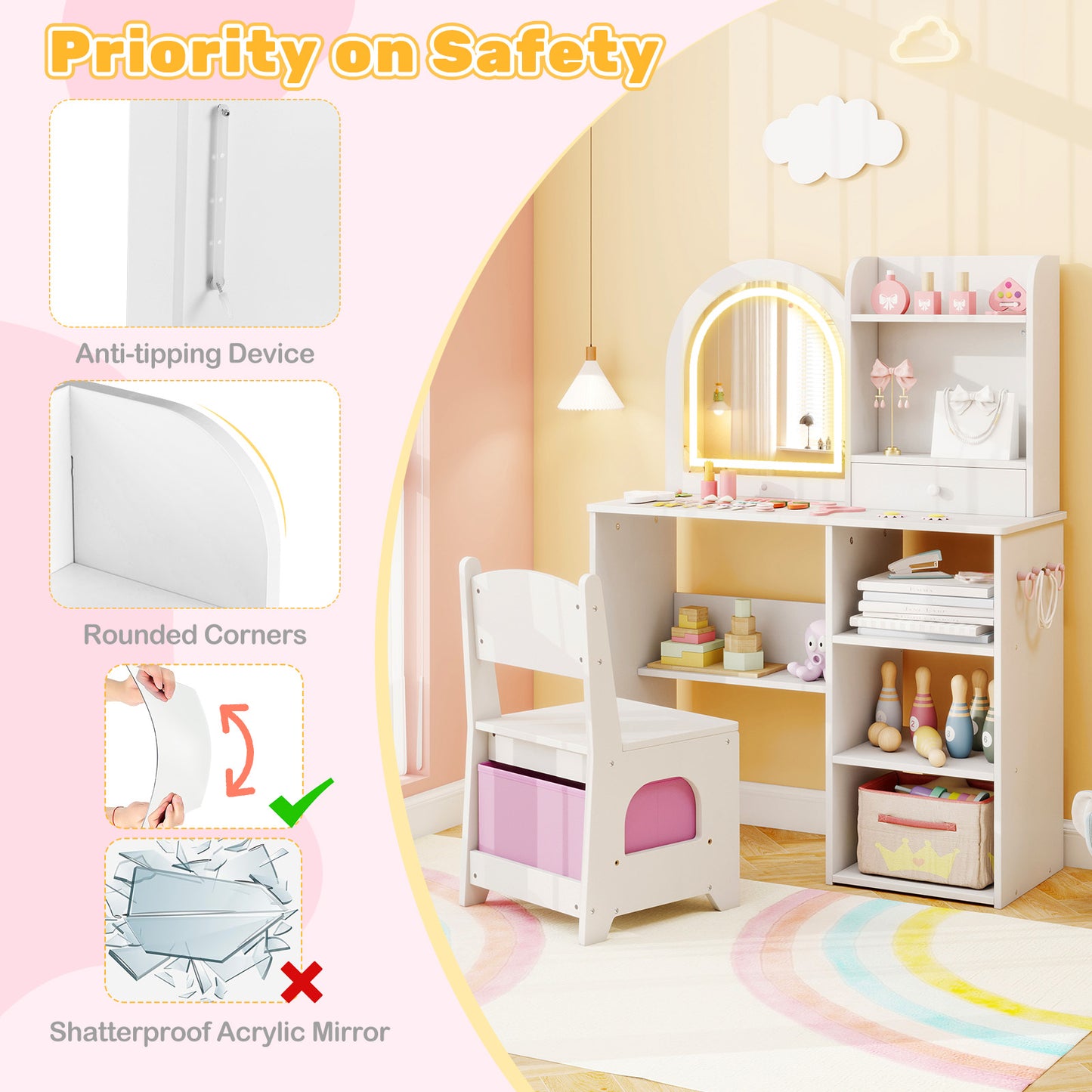 Kids Vanity Set Princess Girls Makeup Vanity Desk with Chair and 3-Color LED Lighted Mirror, White Kids Vanities at Gallery Canada
