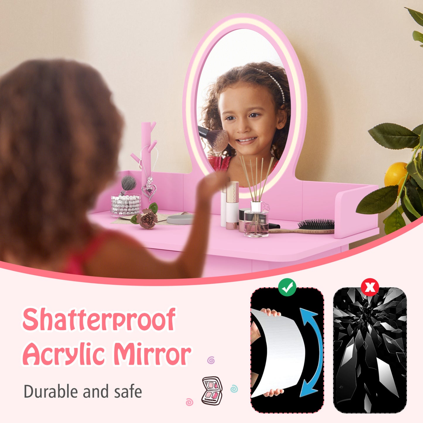 Ensemble de Coiffeuse pour Enfants avec Miroir Éclairé, Rose