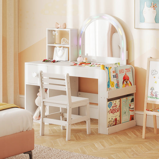 Kids Vanity Table and Chair Set with Lighted Mirror for Kids Aged 3+ Years Old, White Kids Vanities White at Gallery Canada