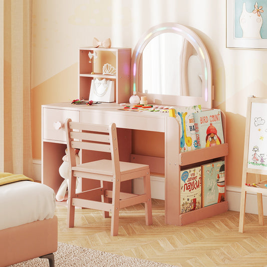 Kids Vanity Table And Chair Set With Lighted Mirror, Pink Kids Vanities Pink at Gallery Canada