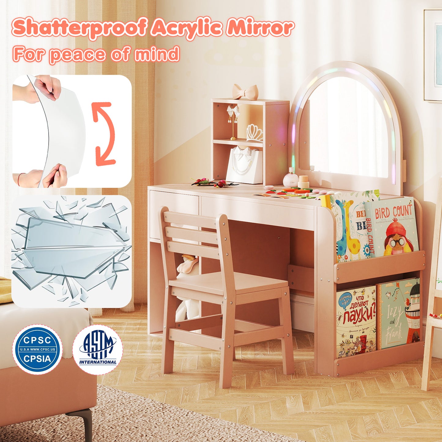 Kids Vanity Table And Chair Set With Lighted Mirror, Pink Kids Vanities at Gallery Canada