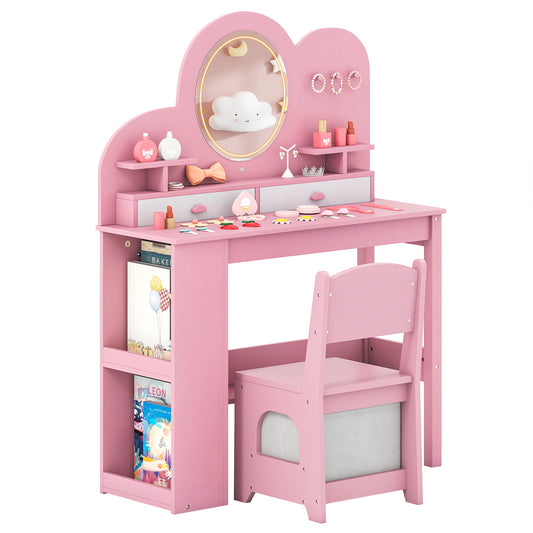 Kids Vanity Table With Lights, 2 Drawers, 2-Tier Bookshelf, Pink Kids Vanities Pink at Gallery Canada