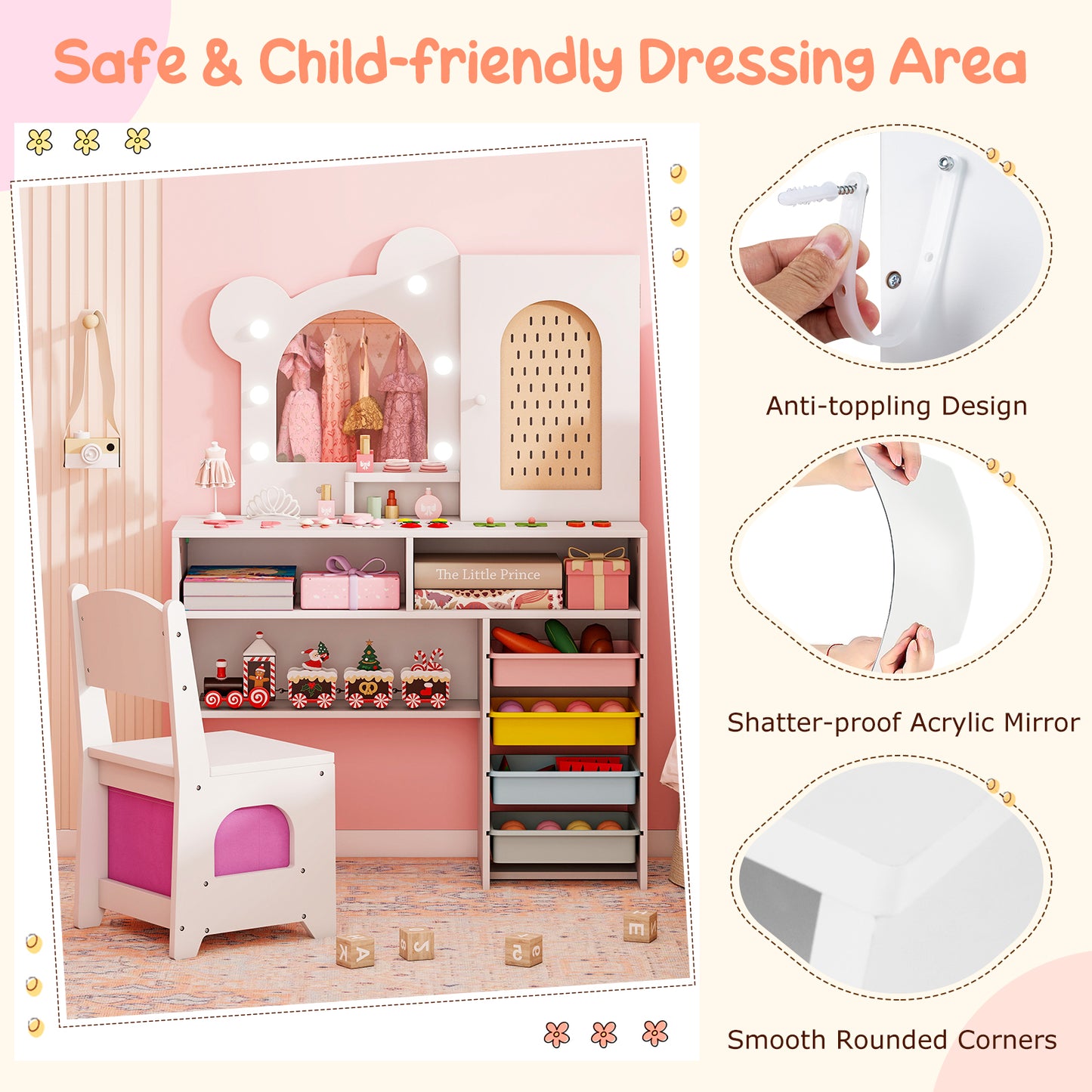 Kids Vanity with Lights and 5 Drawers for Kids Aged 3+ Years Old, White Kids Vanities at Gallery Canada