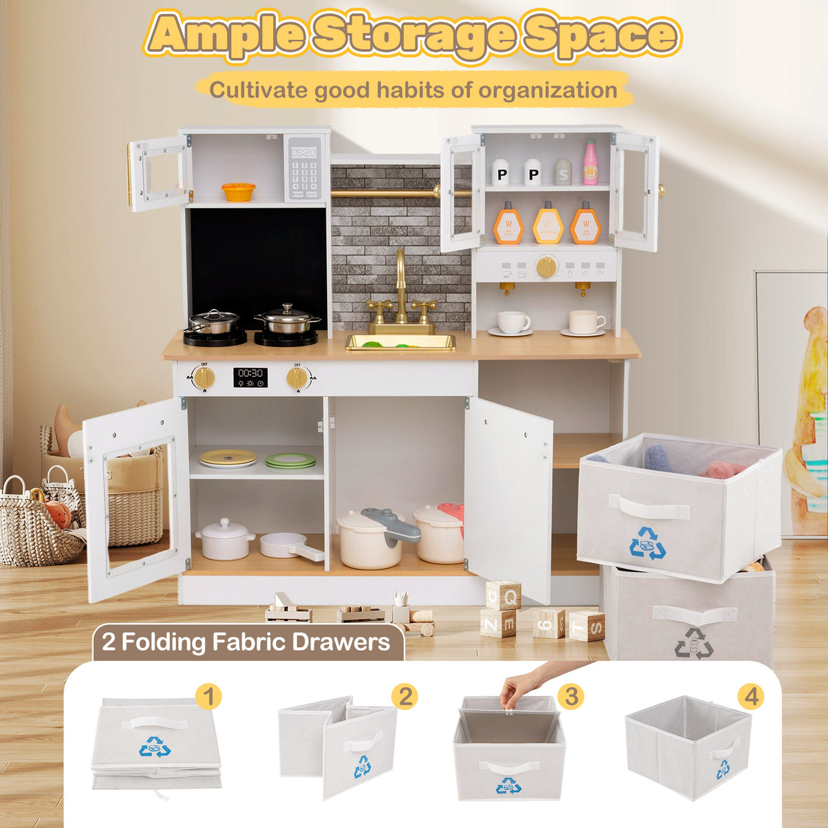 Kids Wooden Kitchen Playset with Stoves Sound Light for 3+ Years Old, White Play Kitchen Sets at Gallery Canada