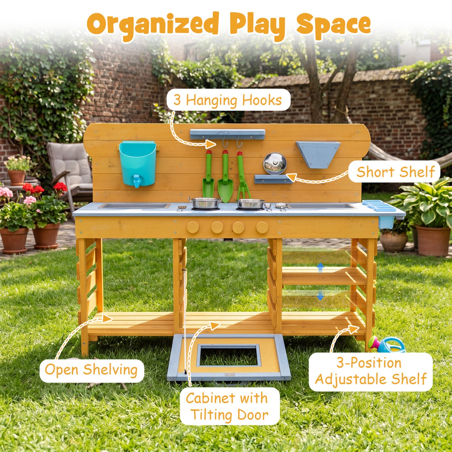 Kids Wooden Mud Kitchen with 2 Sinks and 4 Stoves, Natural Play Kitchen Sets at Gallery Canada
