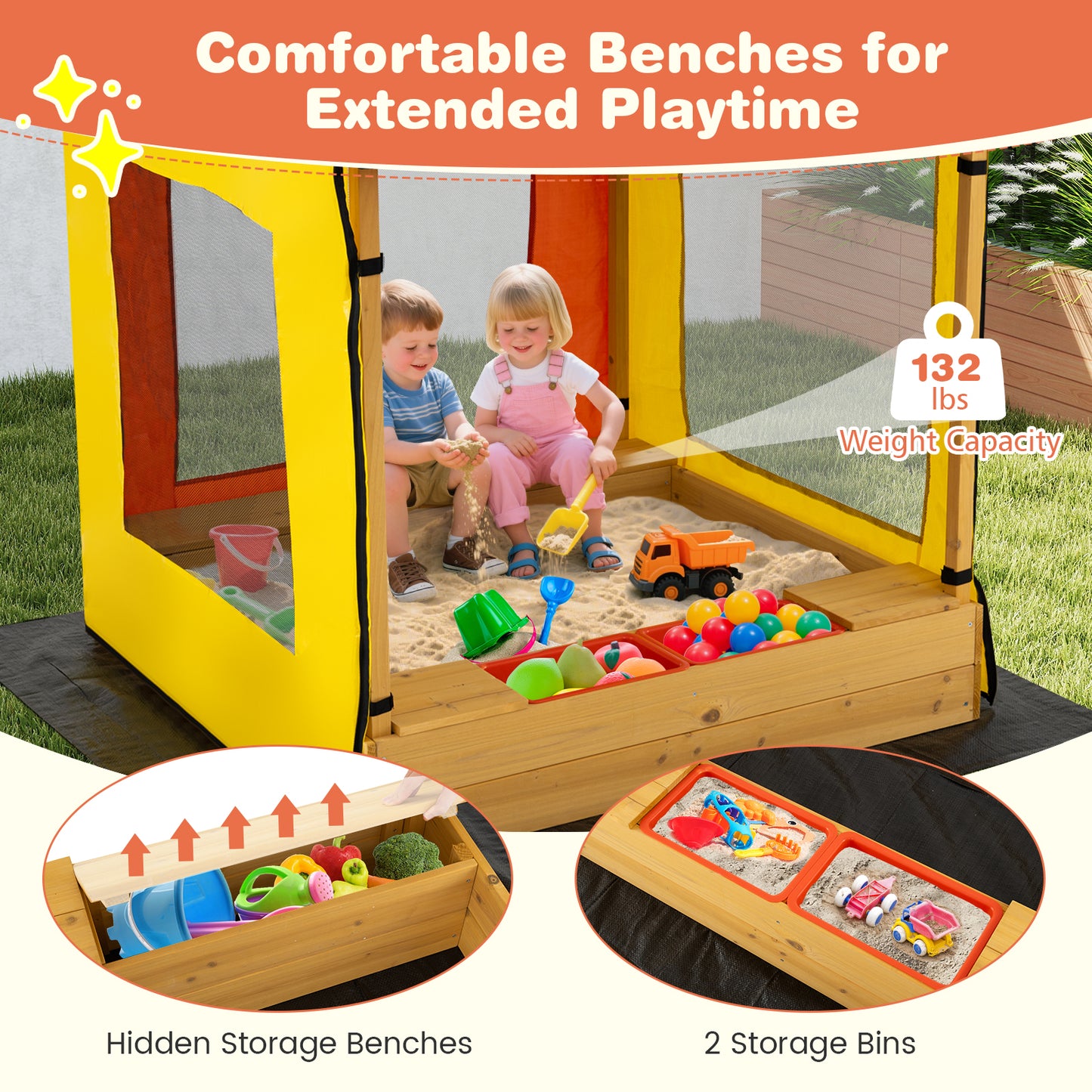 Kids Wooden Sandbox With Canopy, Large Sand Pit, Mesh Windows, Bottom Liner, Multicolor Sandboxes at Gallery Canada