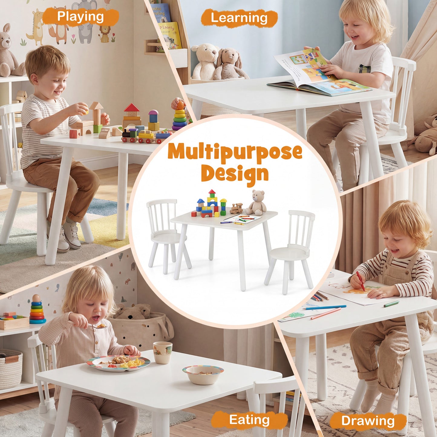 Kids Wooden Table and Chairs Set 3-Piece Toddler Furniture with Pine Wood Frame, White Kids Table & Chair Sets at Gallery Canada