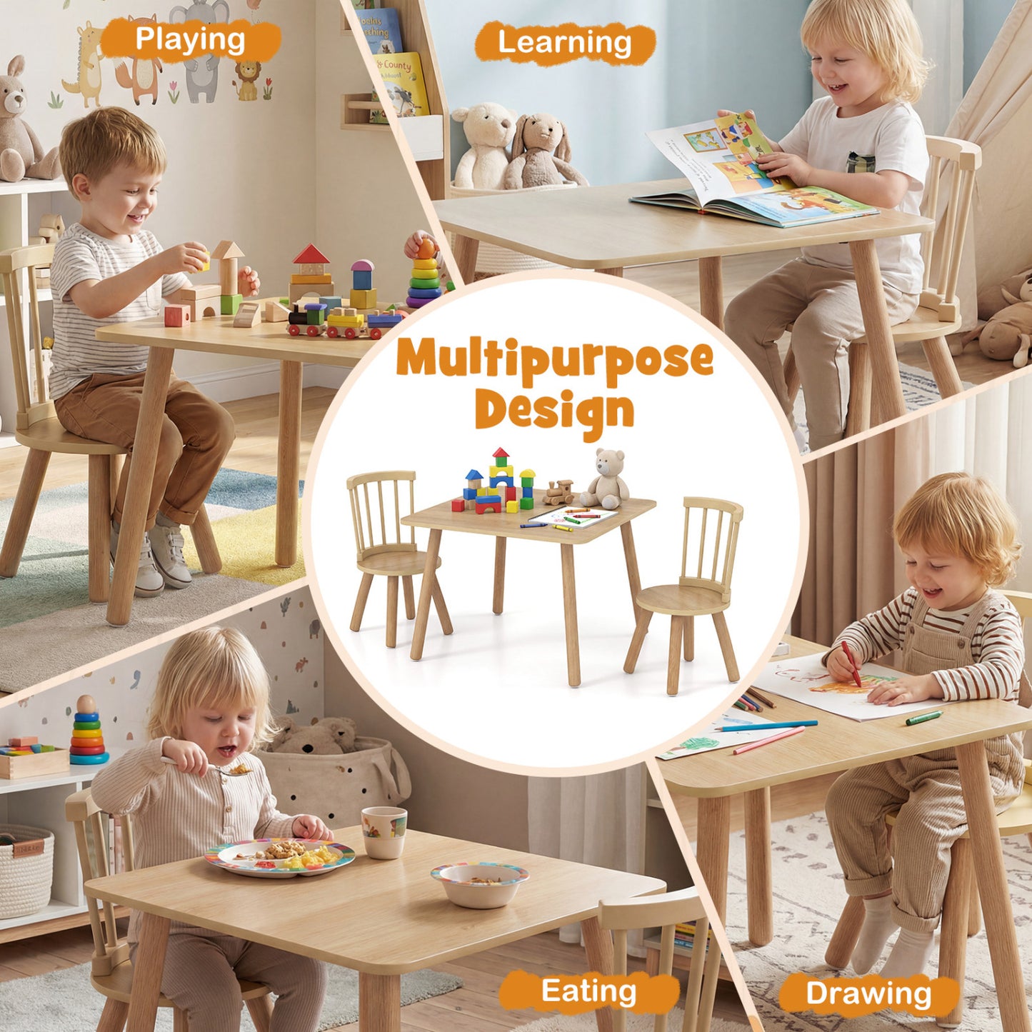 Kids Wooden Table and Chairs Set 3-Piece Toddler Furniture with Pine Wood Frame, Natural Kids Table & Chair Sets at Gallery Canada