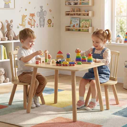 Kids Wooden Table and Chairs Set 3-Piece Toddler Furniture with Pine Wood Frame, Natural Kids Table & Chair Sets Natural at Gallery Canada
