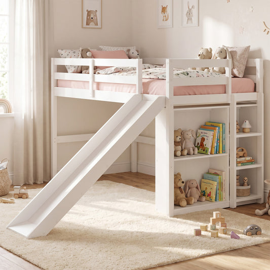 Kids Wooden Twin Loft Bed Frame with Slide and Ladder, White Beds & Bed Frames White at Gallery Canada