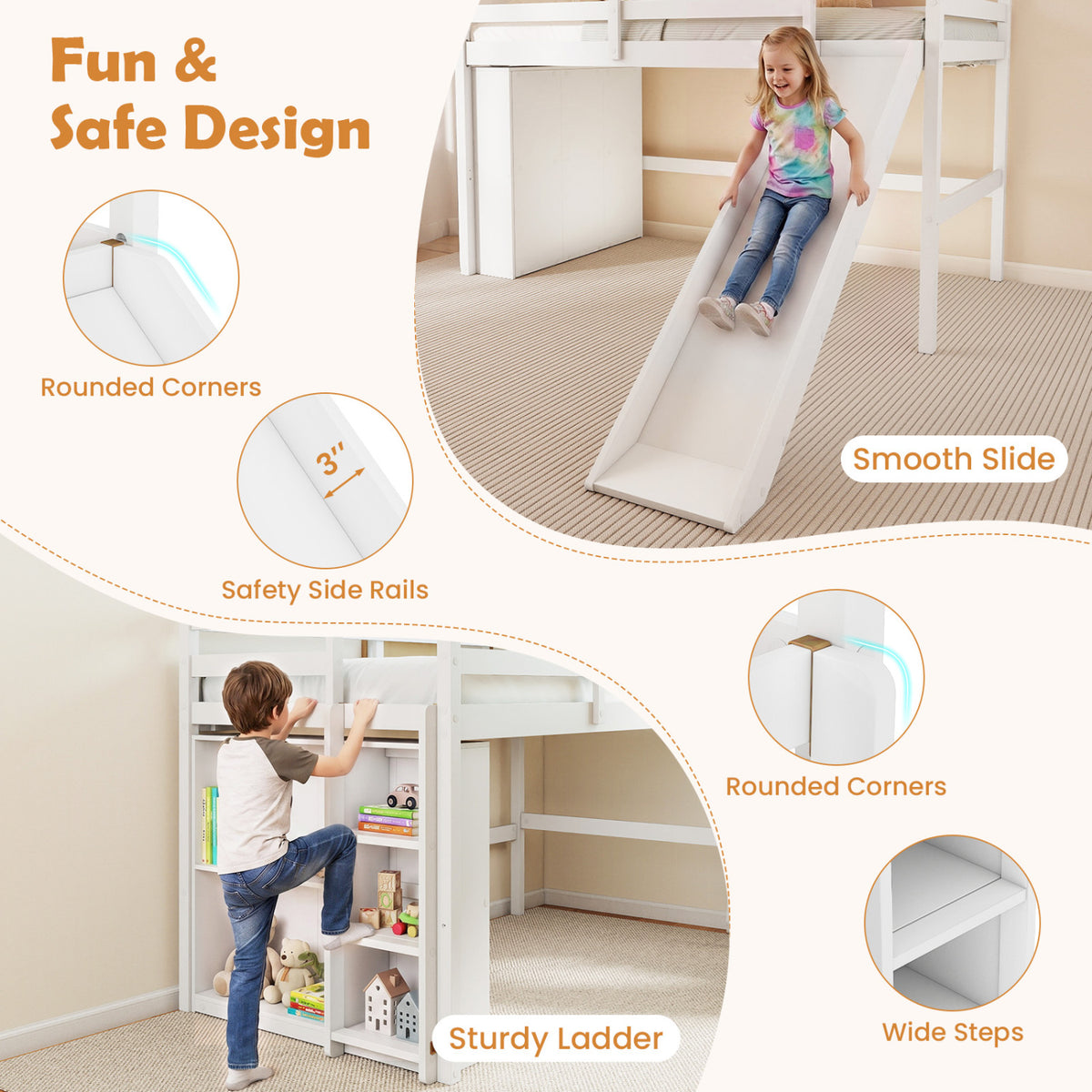Cadre de lit superposé en bois pour enfants avec toboggan et échelle, blanc