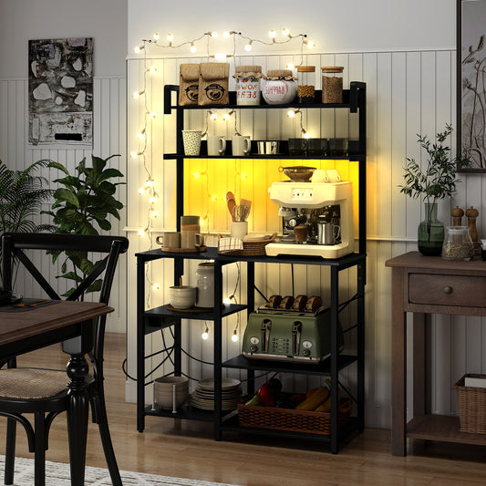 5-Tier Kitchen Bakers Rack With Power Outlet, LED Lights, Black Baker's Racks Black at Gallery Canada