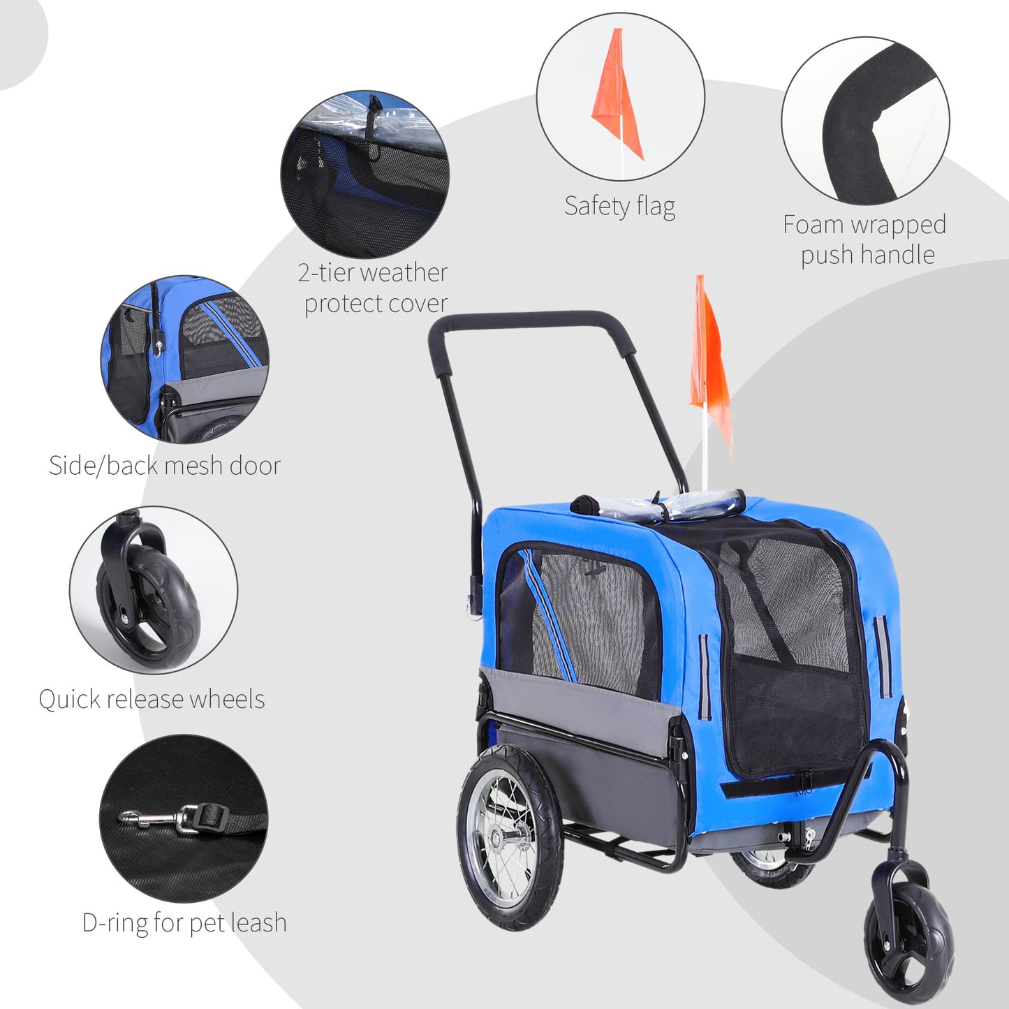Dog Bike Trailer 2-In-1 Pet Stroller Cart Bicycle Wagon Cargo Carrier Attachment for Travel with 360 Swivel Wheel, Hitch, Suspension, Safety Flag, Blue at Gallery Canada