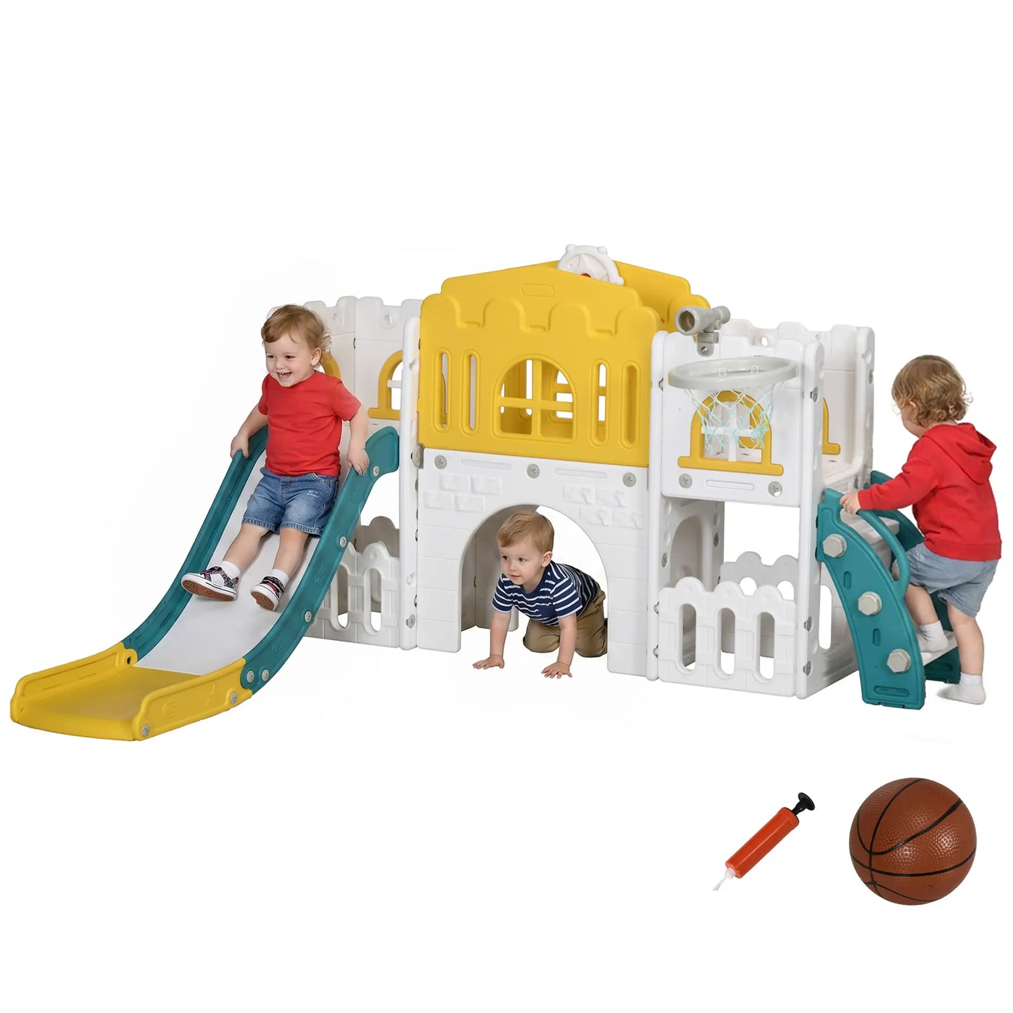 7 in 1 Toddler Slide, Basketball Hoop, Climber, Telescope, Yellow Gym Sets & Swings at Gallery Canada