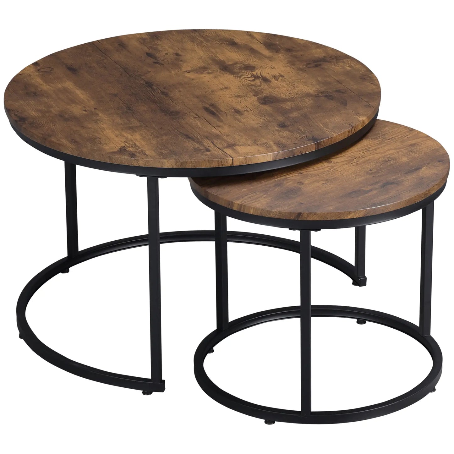 29" Round Nesting Tables, Set of 2, Metal Base, Rustic Brown Coffee Tables at Gallery Canada