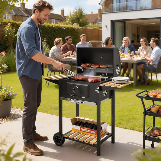 20" Charcoal BBQ Grill On Wheels, Adjustable Pan, Thermometer, Charcoal Charcoal BBQ Grils Black, Nature Wood Finish at Gallery Canada