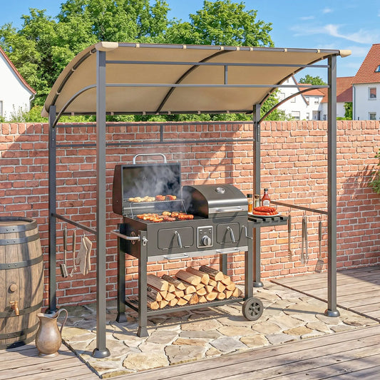 7' x 5' BBQ Grill Gazebo Tent, Steel Frame, Hooks, Khaki BBQ Grill Gazebos Khaki at Gallery Canada
