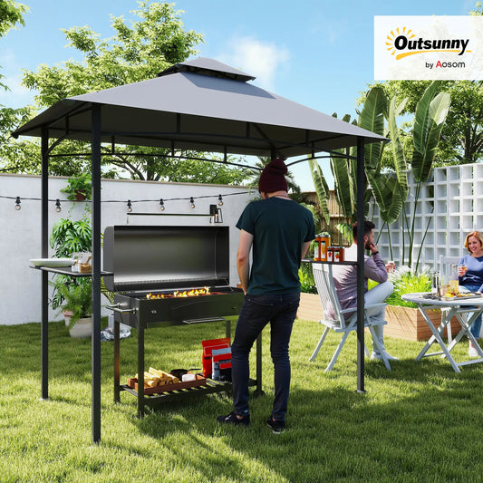 8' x 5' BBQ Grill Gazebo Tent, Double Tiered Canopy, Outdoor Sun Shade, Grey BBQ Grill Gazebos Grey at Gallery Canada