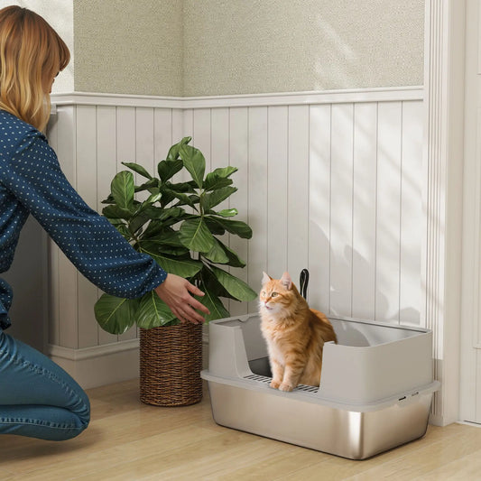 Stainless Steel Cat Litter Box, XL High Sided, 24" x 16" x 12", Grey Cat Litter Box Enclosures Grey at Gallery Canada