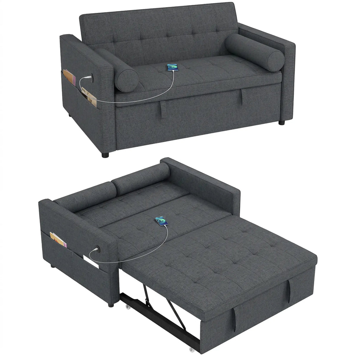 Pull Out Sofa Bed With USB Ports, Linen Loveseat Futon, Dark Grey 2-Seater Sofas at Gallery Canada